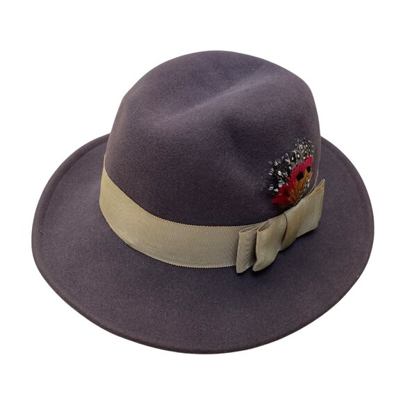 Adolfo Realites Purple Wool Fedora Hat With Beige Ribbon Bow Feather Accent - Picture 5 of 12